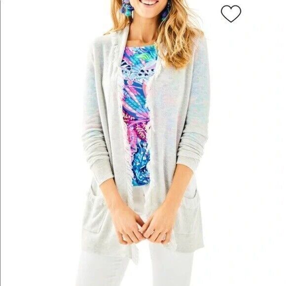 Lilly Pulitzer Gray Bridget Open Cardigan Fringe Trim‎ Women’s Medium Sweater - Picture 1 of 9